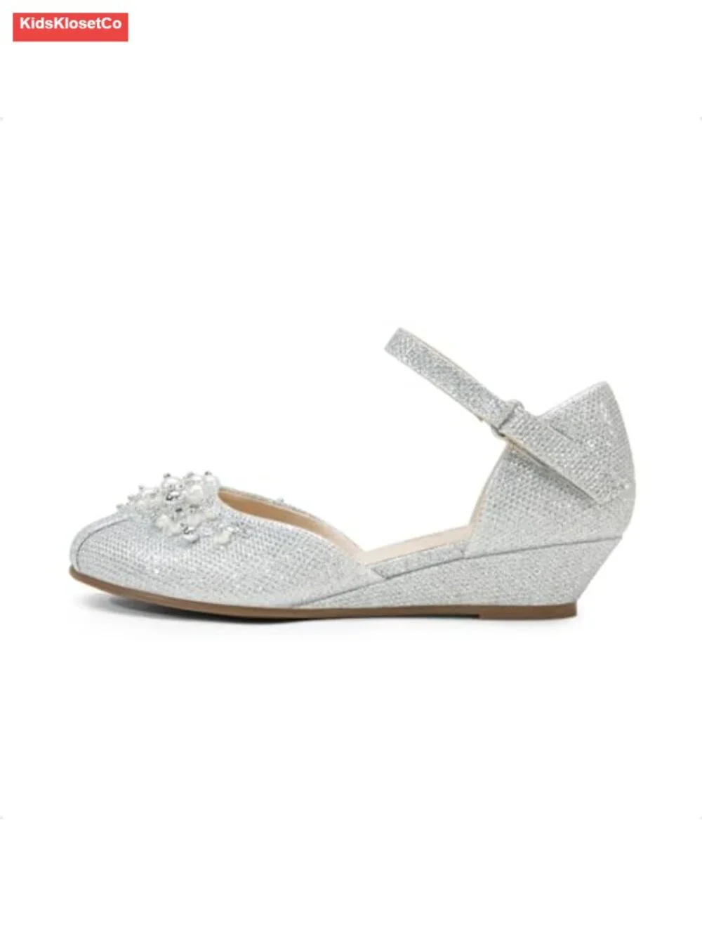 Girls Dress Shoes Low Wedge Pumps with Pearls Rhinestone Flower Girl Princess